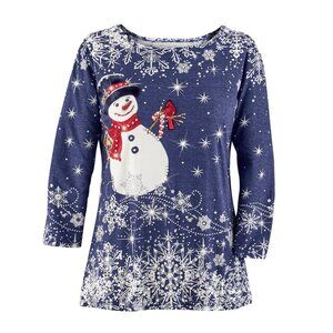New XXL Snowman & Cardinal Snowflakes Sparkling Sequin 3/4 Sleeves Knit Top
